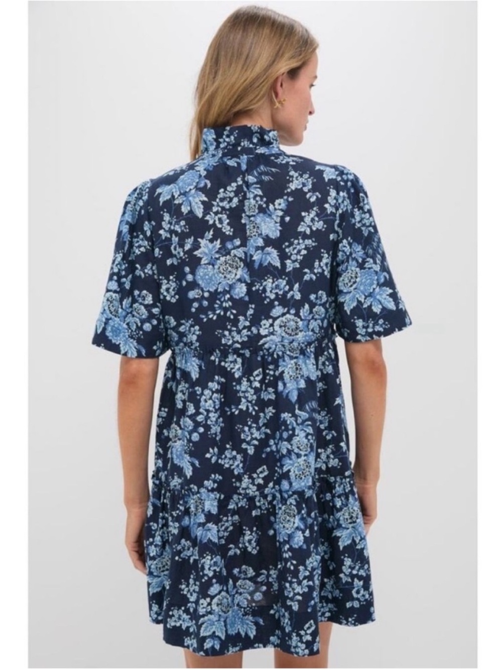 TUCKERNUCK Twilight Garden Crawford Dress Blue Floral Tiered Mini Linen Blend - Picture 3 of 9
